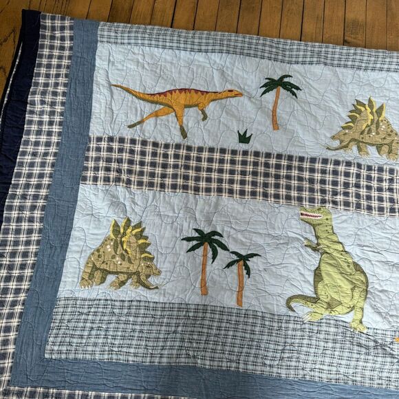 Pottery Barn Kids Twin Dinosaur Quilt Blue Denim Plaid Patchwork Rare - Picture 3 of 9